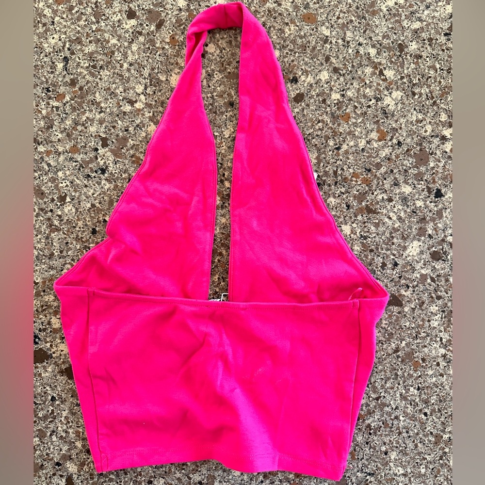Zara Women's Stretchy Basic Cotton V-Neck Halter Top Hot Pink Large